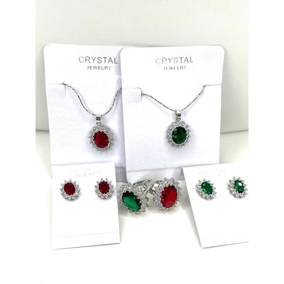 NEW Necklace Earrings Ring 7 Ruby Red Rhinestones CZ Set Jewelry Lot U30 - Picture 3 of 5